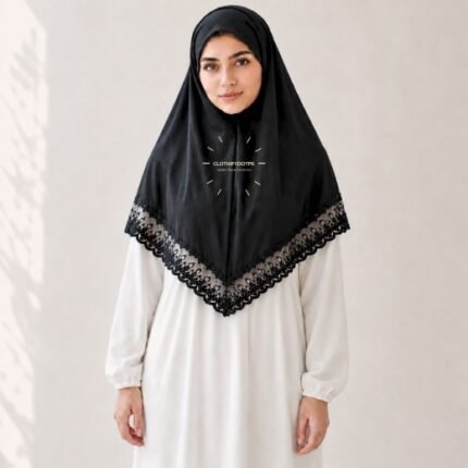 Woman wearing a soft Chiffon Instant Fancy Lace Makhna without sleeves also known as Makhna Hijab or Fancy Scarf. BY CLOTHIFYDOTPK