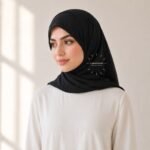A woman wearing a soft, stretchy instant slip on Scarf hijab, draped smoothly around her head and neck with no visible pins or wrapping layers.