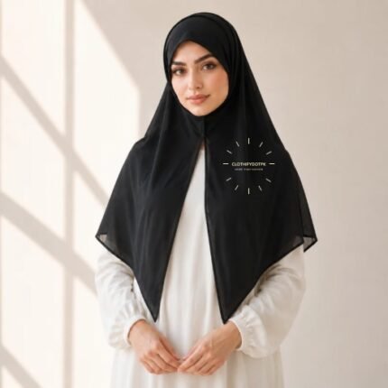 A woman wearing a soft, stretchy instant slip on Scarf hijab, draped smoothly around her head and neck with no visible pins or wrapping layers.