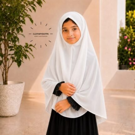 Young girl wearing white soft Kids Namaz Scarf Makhna Hijab. BY CLOTHIFYDOTPK