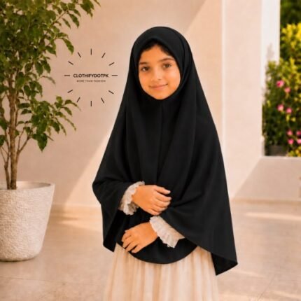 Young girl wearing black soft Kids Namaz Scarf Makhna Hijab. BY CLOTHIFYDOTPK