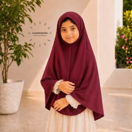 Young girl wearing maroon soft Kids Namaz Scarf Makhna Hijab. BY CLOTHIFYDOTPK