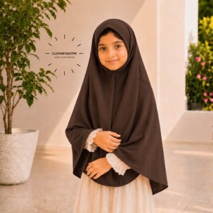 Young girl wearing brown soft Kids Namaz Scarf Makhna Hijab. BY CLOTHIFYDOTPK