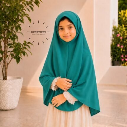 Young girl wearing Green soft Kids Namaz Scarf Makhna Hijab. BY CLOTHIFYDOTPK