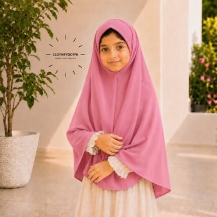Young girl wearing pink soft Kids Namaz Scarf Makhna Hijab. BY CLOTHIFYDOTPK