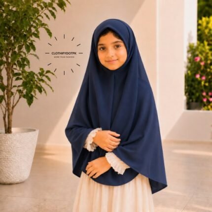 Young girl wearing Navy Blue soft Kids Namaz Scarf Makhna Hijab. BY CLOTHIFYDOTPK