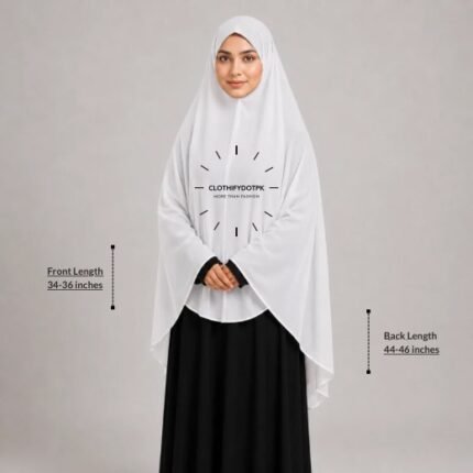 Woman wearing a soft swiss lawn Plain Namaz chadar without sleeves also known as Makhna Hijab, Namaz Makhna or Namaz Scarf designed for head, neck, shoulder and hands coverage. BY CLOTHIFYDOTPK