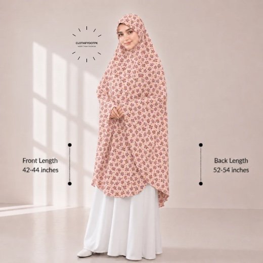 Namaz Makhna Medium028 - 10 A woman draped in a soft Swiss lawn namaz chadar without sleeves also known as Makhna Hijab or Namaz Scarf with front coverage that falls above the knees, while the back extends down till knees. BY CLOTHIFYDOTPK