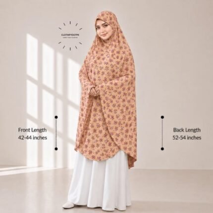 A woman draped in a soft Swiss lawn namaz chadar without sleeves also known as Makhna Hijab or Namaz Scarf with front coverage that falls above the knees, while the back extends down till knees. BY CLOTHIFYDOTPK
