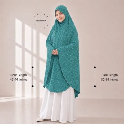 A woman draped in a soft Swiss lawn namaz chadar without sleeves also known as Makhna Hijab or Namaz Scarf with front coverage that falls above the knees, while the back extends down till knees. BY CLOTHIFYDOTPK