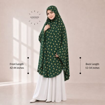 A woman draped in a soft Swiss lawn namaz chadar without sleeves with front coverage that falls above the knees, while the back extends down till knees. BY CLOTHIFYDOTPK