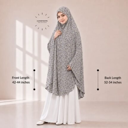 A woman draped in a soft Swiss lawn namaz chadar without sleeves with front coverage that falls above the knees, while the back extends down till knees. BY CLOTHIFYDOTPK
