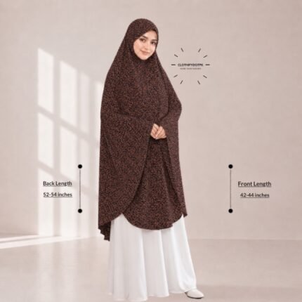 A woman draped in a soft Swiss lawn namaz chadar without sleeves with front coverage that falls above the knees, while the back extends down till knees. BY CLOTHIFYDOTPK