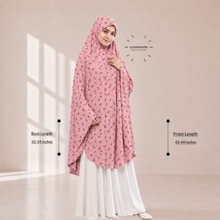 A woman draped in a soft Swiss lawn namaz chadar without sleeves with front coverage that falls above the knees, while the back extends down till knees. BY CLOTHIFYDOTPK