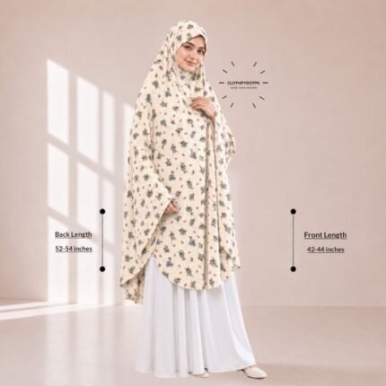 A woman draped in a soft Swiss lawn namaz chadar without sleeves with front coverage that falls above the knees, while the back extends down till knees. BY CLOTHIFYDOTPK