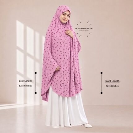 A woman draped in a soft Swiss lawn namaz chadar without sleeves with front coverage that falls above the knees, while the back extends down till knees. BY CLOTHIFYDOTPK