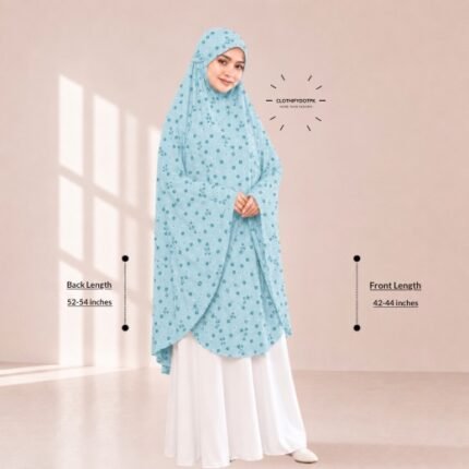A woman draped in a soft Swiss lawn namaz chadar without sleeves with front coverage that falls above the knees, while the back extends down till knees. BY CLOTHIFYDOTPK