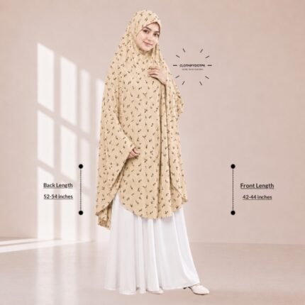 A woman draped in a soft Swiss lawn namaz chadar without sleeves with front coverage that falls above the knees, while the back extends down till knees. BY CLOTHIFYDOTPK