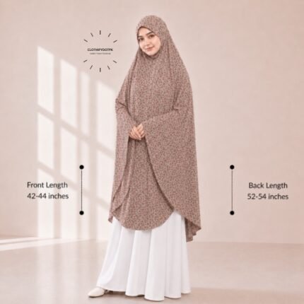 A woman draped in a soft Swiss lawn namaz chadar without sleeves with front coverage that falls above the knees, while the back extends down till knees. BY CLOTHIFYDOTPK