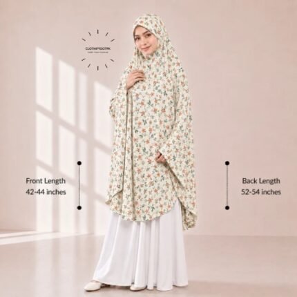 A woman draped in a soft Swiss lawn namaz chadar without sleeves with front coverage that falls above the knees, while the back extends down till knees. BY CLOTHIFYDOTPK