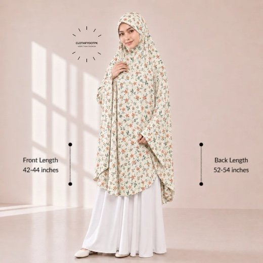 Namaz Makhna Medium028 - 33 A woman draped in a soft Swiss lawn namaz chadar without sleeves with front coverage that falls above the knees, while the back extends down till knees. BY CLOTHIFYDOTPK