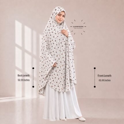 A woman draped in a soft Swiss lawn namaz chadar without sleeves with front coverage that falls above the knees, while the back extends down till knees. BY CLOTHIFYDOTPK
