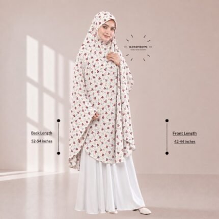 A woman draped in a soft Swiss lawn namaz chadar without sleeves with front coverage that falls above the knees, while the back extends down till knees. BY CLOTHIFYDOTPK