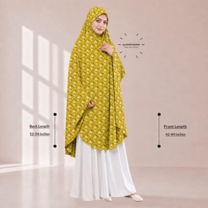 A woman draped in a soft Swiss lawn namaz chadar without sleeves with front coverage that falls above the knees, while the back extends down till knees. BY CLOTHIFYDOTPK