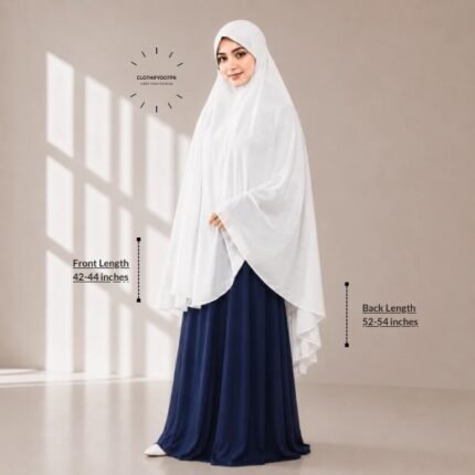 A woman draped in a soft Swiss lawn namaz chadar without sleeves also known as Makhna Hijab, Namaz Makhna or Namaz Scarf with front coverage that falls above the knees, while the back extends down till knees. BY CLOTHIFYDOTPK