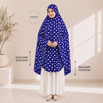 A woman draped in a soft Swiss lawn namaz chadar without sleeves also known as Makhna Hijab or Namaz Scarf with front coverage that falls above the knees, while the back extends down till knees. BY CLOTHIFYDOTPK