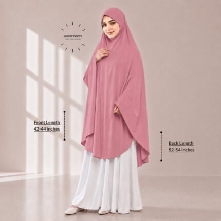 A woman draped in a soft Swiss lawn namaz chadar without sleeves also known as Makhna Hijab, Namaz Makhna or Namaz Scarf with front coverage that falls above the knees, while the back extends down till knees. BY CLOTHIFYDOTPK