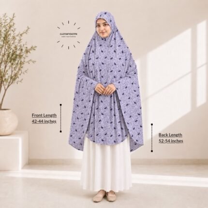 A woman draped in a soft Swiss lawn Makhna Hijab without sleeves with front coverage that falls above the knees, while the back extends down till knees. BY CLOTHIFYDOTPK