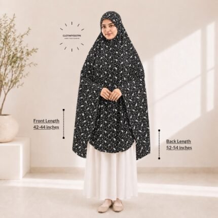 A woman draped in a soft Swiss lawn Makhna Hijab without sleeves with front coverage that falls above the knees, while the back extends down till knees. BY CLOTHIFYDOTPK