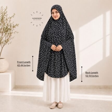 A woman draped in a soft Swiss lawn namaz chadar without sleeves with front coverage that falls above the knees, while the back extends down till knees. BY CLOTHIFYDOTPK