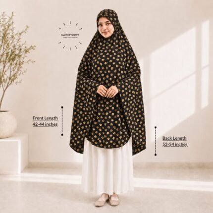 A woman draped in a soft Swiss lawn namaz chadar without sleeves also known as Makhna Hijab, Namaz Makhna or Namaz Scarf with front coverage that falls above the knees, while the back extends down till knees. BY CLOTHIFYDOTPK