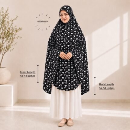 A woman draped in a soft Swiss lawn namaz chadar without sleeves also known as Makhna Hijab or Namaz Scarf with front coverage that falls above the knees, while the back extends down till knees. BY CLOTHIFYDOTPK