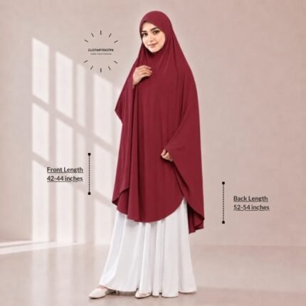 A woman draped in a soft Swiss lawn namaz chadar without sleeves also known as Makhna Hijab, Namaz Makhna or Namaz Scarf with front coverage that falls above the knees, while the back extends down till knees. BY CLOTHIFYDOTPK