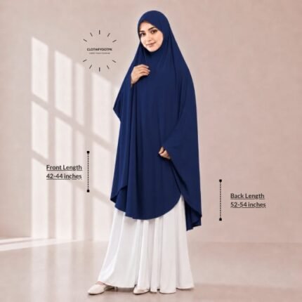A woman draped in a soft Swiss lawn namaz chadar without sleeves also known as Makhna Hijab, Namaz Makhna or Namaz Scarf with front coverage that falls above the knees, while the back extends down till knees. BY CLOTHIFYDOTPK