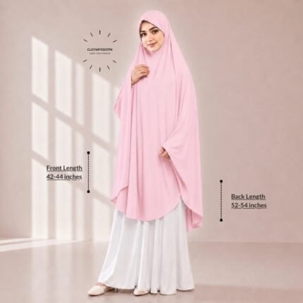 A woman draped in a soft Swiss lawn namaz chadar without sleeves also known as Makhna Hijab, Namaz Makhna or Namaz Scarf with front coverage that falls above the knees, while the back extends down till knees. BY CLOTHIFYDOTPK