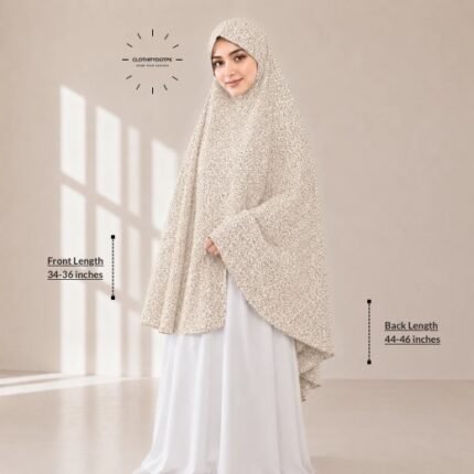 Woman wearing a soft swiss lawn Namaz chadar without sleeves also known as Makhna Hijab, Namaz Makhna or Namaz Scarf designed for head, neck, shoulder and hands coverage. BY CLOTHIFYDOTPK