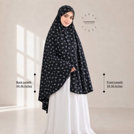 Woman wearing a soft swiss lawn Namaz chadar without sleeves also known as Makhna Hijab, Namaz Makhna or Namaz Scarf designed for head, neck, shoulder and hands coverage. BY CLOTHIFYDOTPK