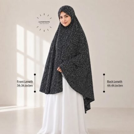 Woman wearing a soft swiss lawn Namaz chadar without sleeves also known as Makhna Hijab, Namaz Makhna or Namaz Scarf designed for head, neck, shoulder and hands coverage. BY CLOTHIFYDOTPK