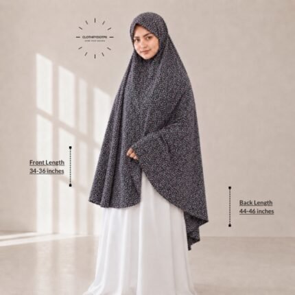 Woman wearing a soft swiss lawn Namaz chadar without sleeves also known as Makhna Hijab, Namaz Makhna or Namaz Scarf designed for head, neck, shoulder and hands coverage. BY CLOTHIFYDOTPK