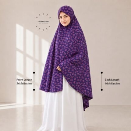 Woman wearing a soft swiss lawn Namaz chadar without sleeves also known as Makhna Hijab, Namaz Makhna or Namaz Scarf designed for head, neck, shoulder and hands coverage. BY CLOTHIFYDOTPK