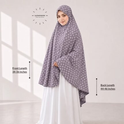 Woman wearing a soft swiss lawn Namaz chadar without sleeves also known as Makhna Hijab, Namaz Makhna or Namaz Scarf designed for head, neck, shoulder and hands coverage. BY CLOTHIFYDOTPK