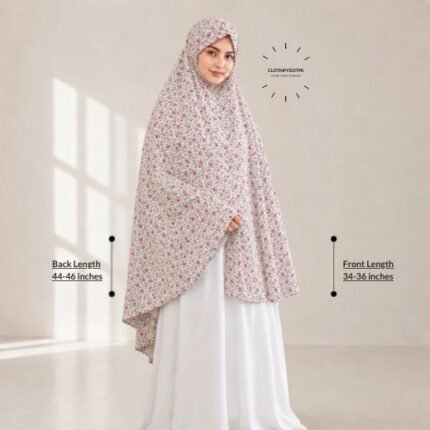 Woman wearing a soft swiss lawn Namaz chadar without sleeves also known as Makhna Hijab, Namaz Makhna or Namaz Scarf designed for head, neck, shoulder and hands coverage. BY CLOTHIFYDOTPK