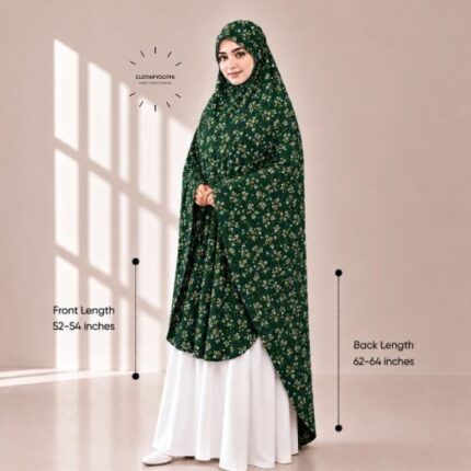 Woman wearing a soft swiss lawn Namaz Makhna without sleeves also known as Makhna Hijab or Namaz Scarf with front coverage reaching the knees and back extending below the knees. BY CLOTHIFYDOTPK