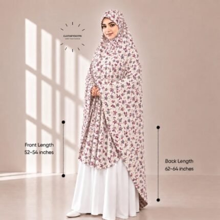 Woman wearing a soft swiss lawn Namaz Makhna without sleeves also known as Makhna Hijab or Namaz Scarf with front coverage reaching the knees and back extending below the knees. BY CLOTHIFYDOTPK