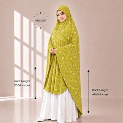 Woman wearing a soft swiss lawn Namaz Makhna without sleeves also known as Makhna Hijab or Namaz Scarf with front coverage reaching the knees and back extending below the knees. BY CLOTHIFYDOTPK