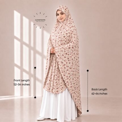 Woman wearing a soft swiss lawn Namaz Makhna without sleeves also known as Makhna Hijab or Namaz Scarf with front coverage reaching the knees and back extending below the knees. BY CLOTHIFYDOTPK